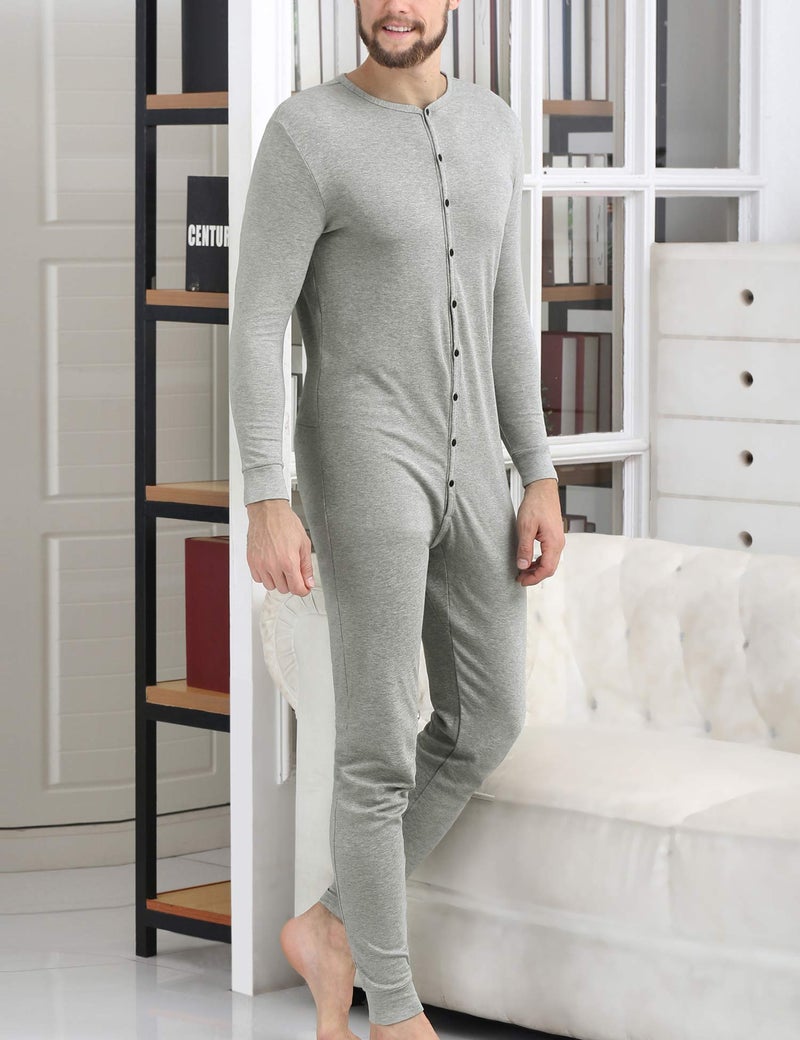 COLORFULLEAF Men's Cotton Thermal Underwear Union Suits Henley Onesies Base Layer (Grey, M) - Image 3